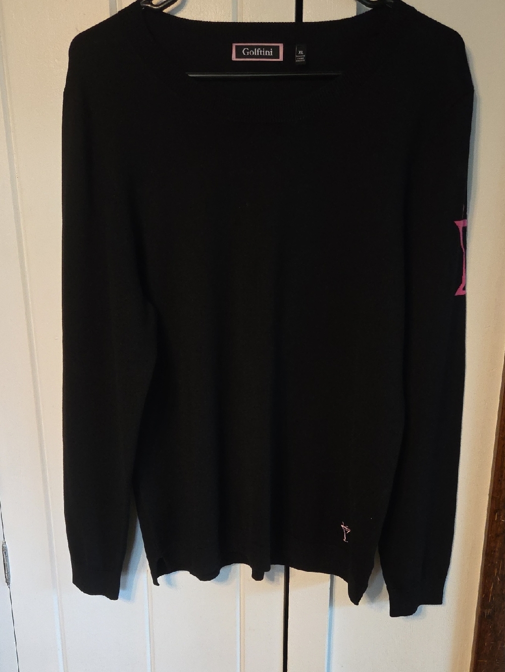 Womens GOLFTINI Black Sweater with Pink Martini On Sleeve.